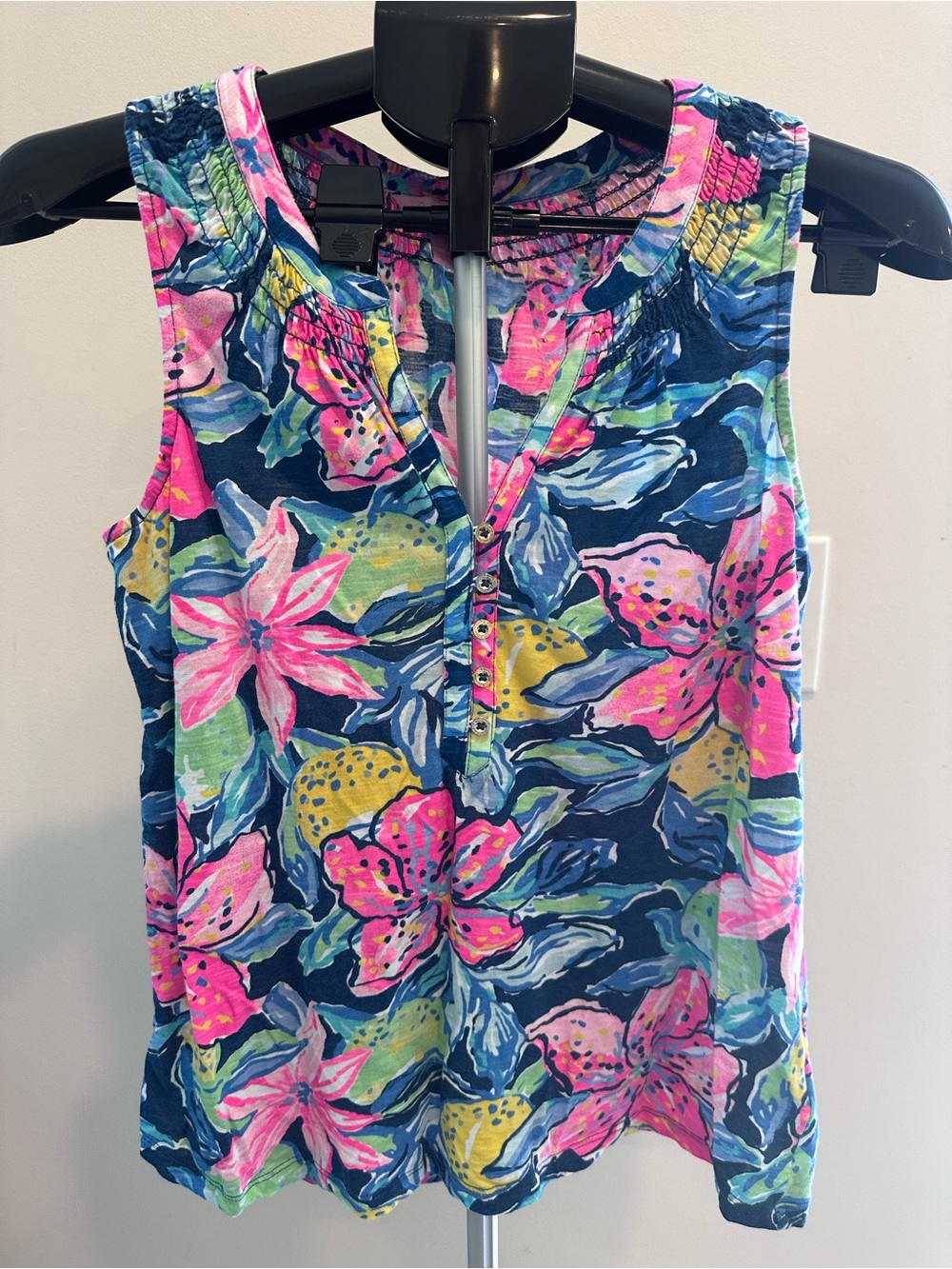 Lilly Pulitzer Navy Floral Henley Tank with Pink & Yellow Accents